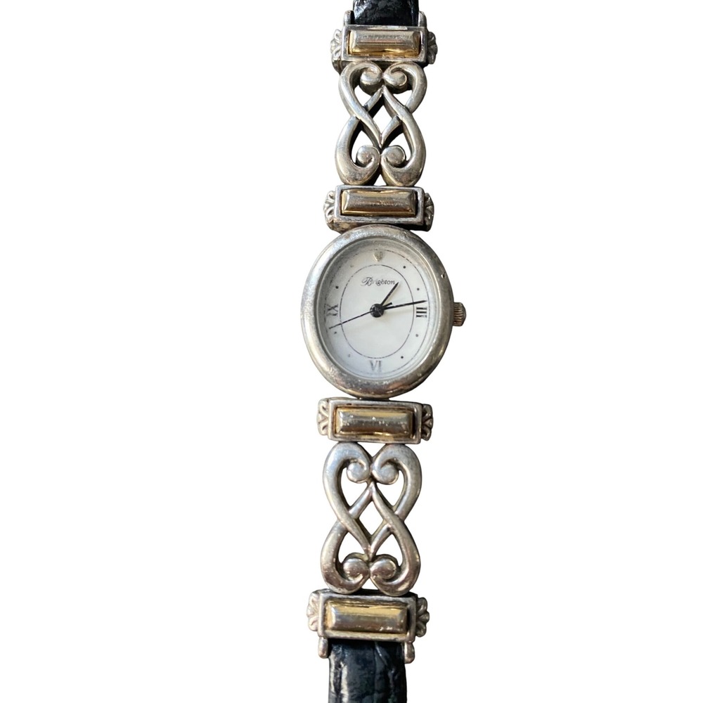 Brighton Champagne Women's Oval Dial Silver Tone Black Leather Band Watch